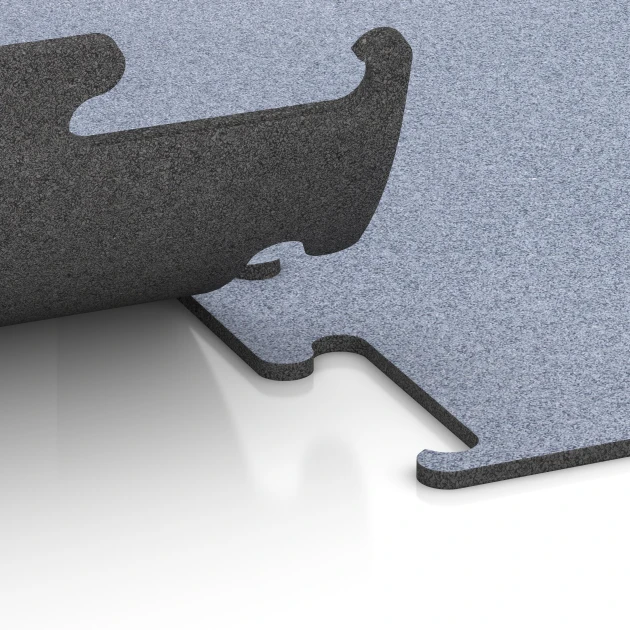 Großaufnahme vom Verbindungssystem von WARCO-Boden 6146 - Fitness Performance Elite Nawierzchnia Treningowa im Farbdesign Szary mglisty. Abmessungen 100 x 100 x 1 cm | 1,00 m².