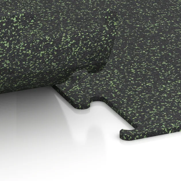 Großaufnahme vom Verbindungssystem von WARCO-Boden 3755 - Nawierzchnia Fitness Performance Elite im Farbdesign Zielony lekko nakrapiany. Abmessungen 1000 x 1000 x 10 mm.