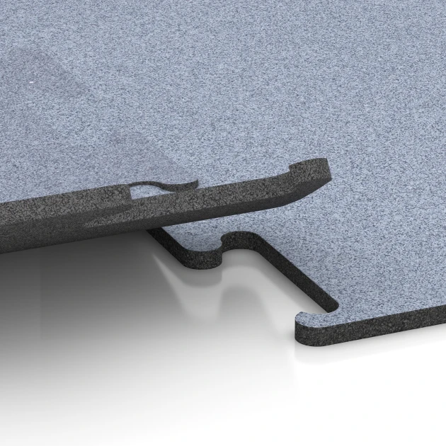 Großaufnahme vom Verbindungssystem von WARCO-Boden 6148 - Fitness Performance Elite Nawierzchnia Treningowa im Farbdesign Szary mglisty. Abmessungen 100 x 100 x 1,5 cm | 1,00 m².