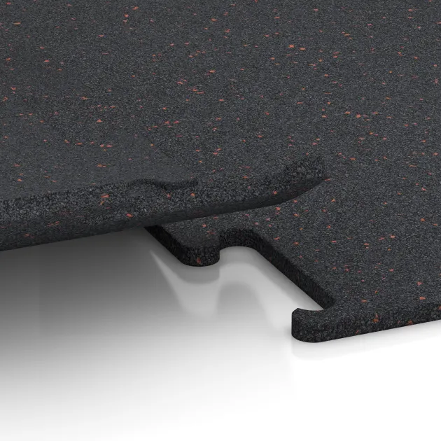 Großaufnahme vom Verbindungssystem von WARCO-Boden 3757 - Nawierzchnia Fitness Performance Elite im Farbdesign Czerwony lekko nakrapiany. Abmessungen 1000 x 1000 x 15 mm.