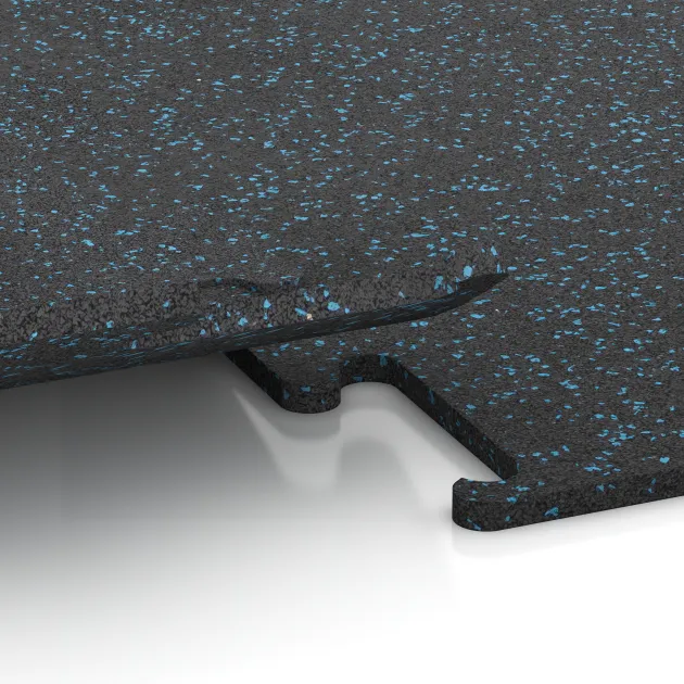 Großaufnahme vom Verbindungssystem von WARCO-Boden 3758 - Nawierzchnia Fitness Performance Elite im Farbdesign Niebiesko lekko nakrapiany. Abmessungen 1000 x 1000 x 15 mm.