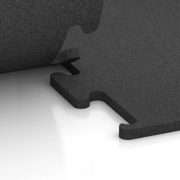 Großaufnahme vom Verbindungssystem von WARCO-Boden 3748 - Nawierzchnia Fitness Performance Elite im Farbdesign Antracyt. Abmessungen 1000 x 1000 x 20 mm.