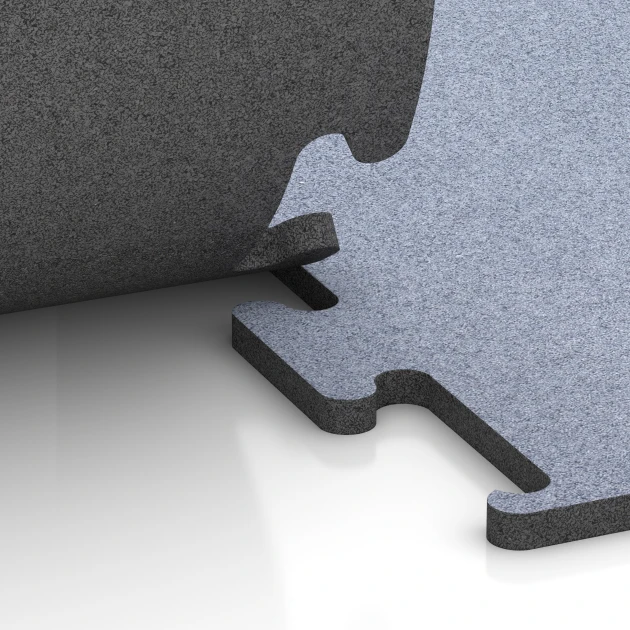 Großaufnahme vom Verbindungssystem von WARCO-Boden 6150 - Fitness Performance Elite Nawierzchnia Treningowa im Farbdesign Szary mglisty. Abmessungen 100 x 100 x 2 cm | 1,00 m².