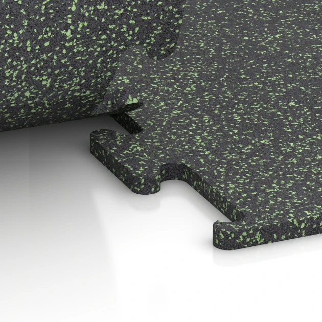 Großaufnahme vom Verbindungssystem von WARCO-Boden 6979 - Fitness Performance Elite Nawierzchnia Treningowa im Farbdesign Zielony lekko nakrapiany. Abmessungen 100 x 100 x 2 cm | 1,00 m².