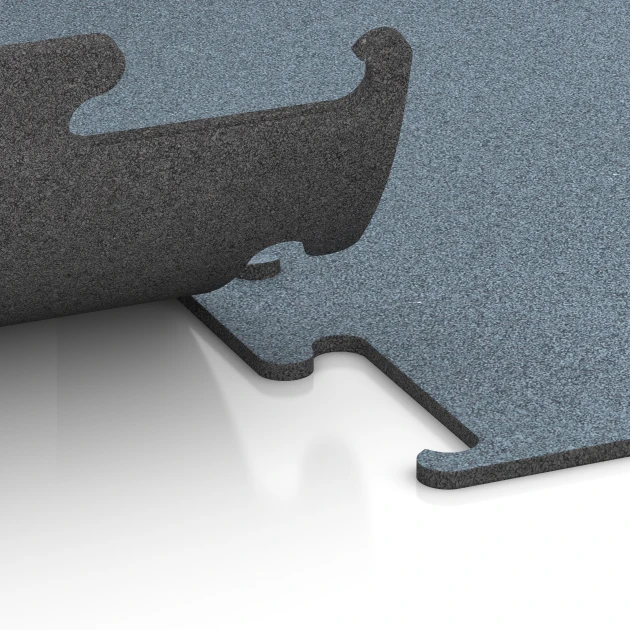 Großaufnahme vom Verbindungssystem von WARCO-Boden 6164 - Fitness Performance Elite Nawierzchnia Treningowa im Farbdesign Srebro postarzane. Abmessungen 50 x 50 x 1 cm | 0,25 m².