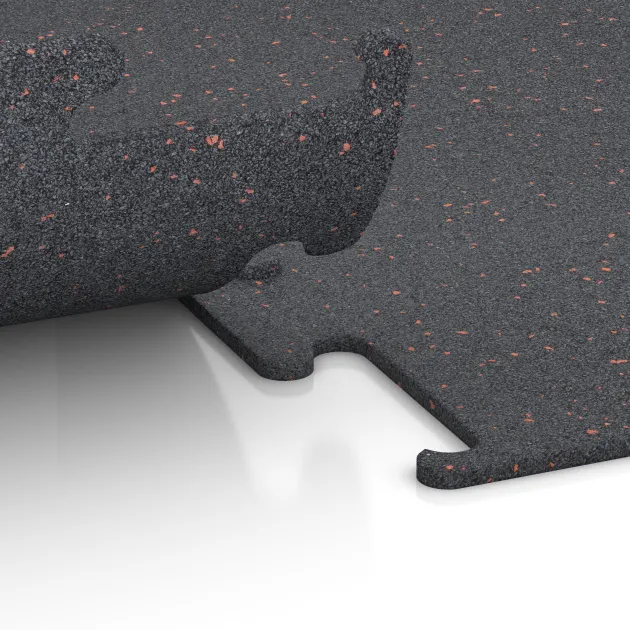 Großaufnahme vom Verbindungssystem von WARCO-Boden 3765 - Nawierzchnia Fitness Performance Elite im Farbdesign Czerwony lekko nakrapiany. Abmessungen 500 x 500 x 10 mm.