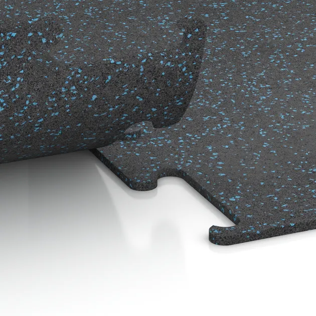 Großaufnahme vom Verbindungssystem von WARCO-Boden 3766 - Nawierzchnia Fitness Performance Elite im Farbdesign Niebiesko lekko nakrapiany. Abmessungen 500 x 500 x 10 mm.
