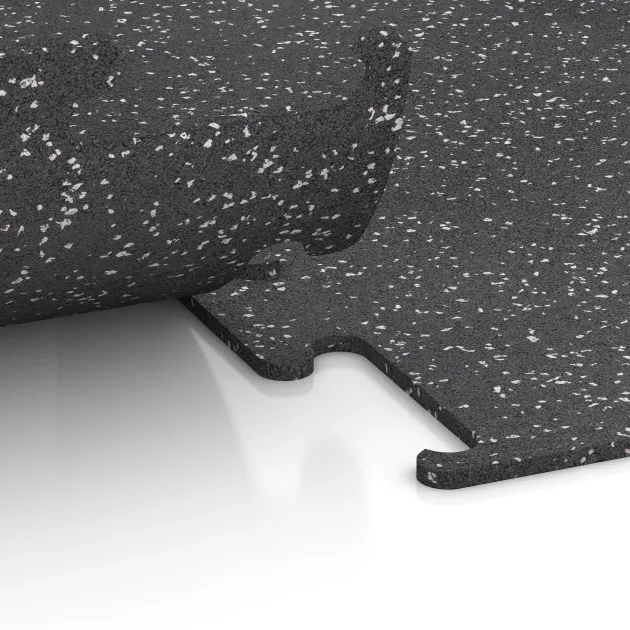 Großaufnahme vom Verbindungssystem von WARCO-Boden 3779 - Nawierzchnia Fitness Performance Elite im Farbdesign Szary lekko nakrapiany. Abmessungen 500 x 500 x 10 mm.