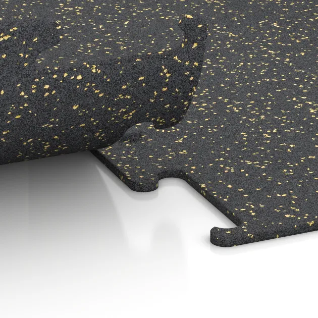 Großaufnahme vom Verbindungssystem von WARCO-Boden 3764 - Nawierzchnia Fitness Performance Elite im Farbdesign Żółty lekko nakrapiany. Abmessungen 500 x 500 x 10 mm.