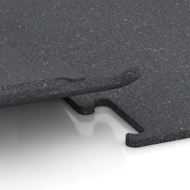 Großaufnahme vom Verbindungssystem von WARCO-Boden 3769 - Nawierzchnia Fitness Performance Elite im Farbdesign Czerwony lekko nakrapiany. Abmessungen 500 x 500 x 15 mm.