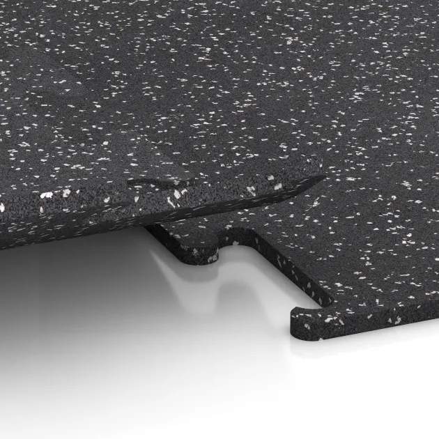Großaufnahme vom Verbindungssystem von WARCO-Boden 3780 - Nawierzchnia Fitness Performance Elite im Farbdesign Szary lekko nakrapiany. Abmessungen 500 x 500 x 15 mm.