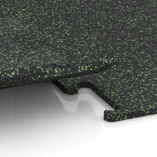 Großaufnahme vom Verbindungssystem von WARCO-Boden 3771 - Nawierzchnia Fitness Performance Elite im Farbdesign Zielony lekko nakrapiany. Abmessungen 500 x 500 x 15 mm.