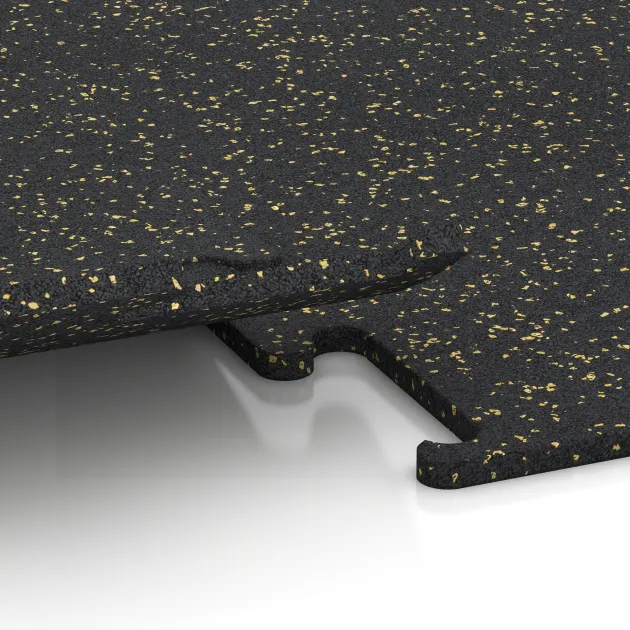 Großaufnahme vom Verbindungssystem von WARCO-Boden 3768 - Nawierzchnia Fitness Performance Elite im Farbdesign Żółty lekko nakrapiany. Abmessungen 500 x 500 x 15 mm.