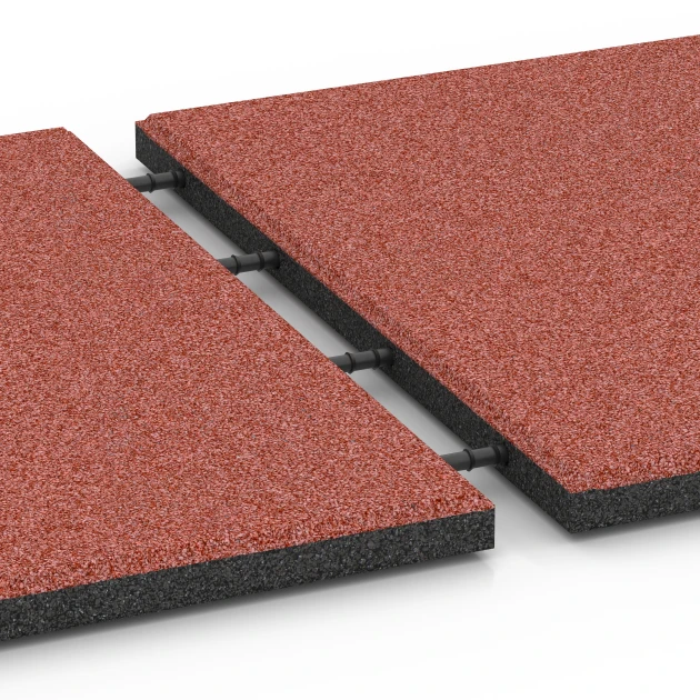 Großaufnahme vom Verbindungssystem von WARCO-Boden 6288 - Płyty amortyzujące im Farbdesign Czerwony pomidorowy. Abmessungen 50 x 50 x 3 cm.