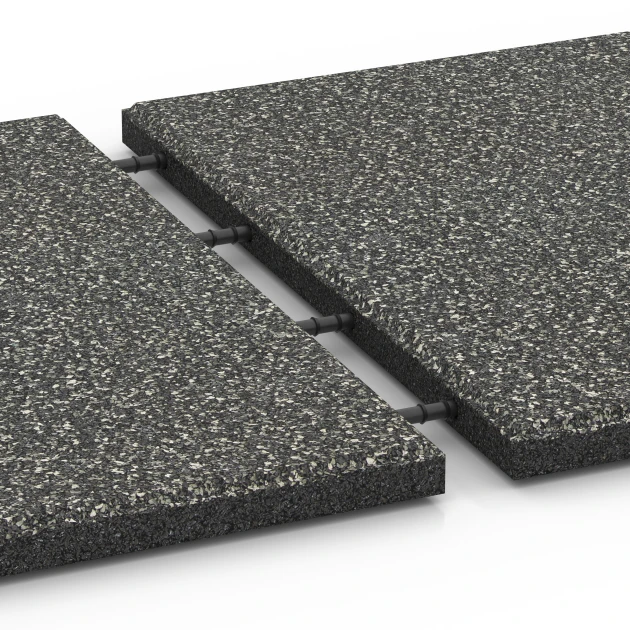 Großaufnahme vom Verbindungssystem von WARCO-Boden 6413 - Płyta amortyzująca – 90 cm im Farbdesign Ciemnoszary granit. Abmessungen 50 x 50 x 3 cm.