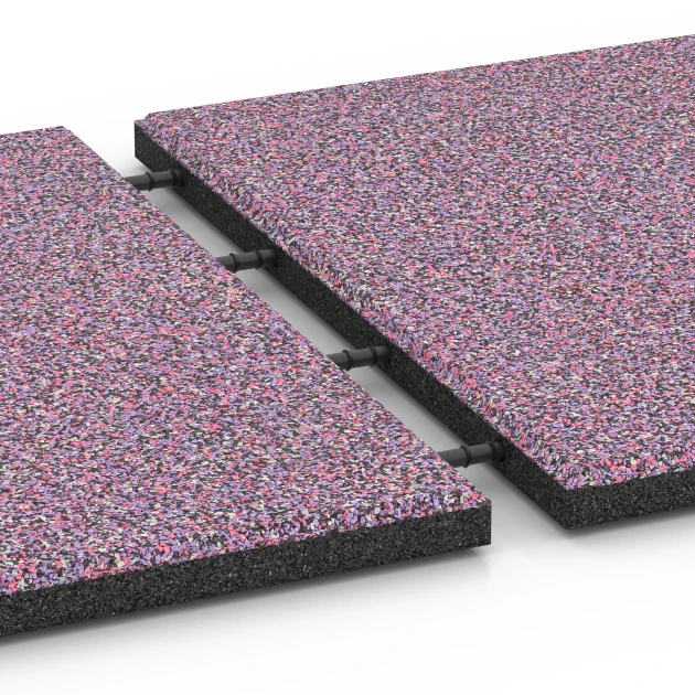 Großaufnahme vom Verbindungssystem von WARCO-Boden 6418 - Płyta amortyzująca – 90 cm im Farbdesign Lawenda. Abmessungen 50 x 50 x 3 cm.