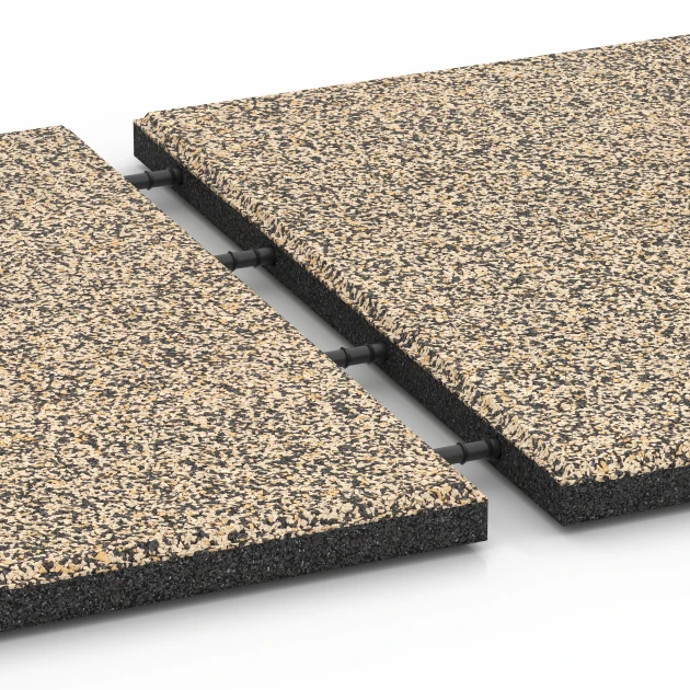 Großaufnahme vom Verbindungssystem von WARCO-Boden 6419 - Płyta amortyzująca – 90 cm im Farbdesign Trawertyn. Abmessungen 50 x 50 x 3 cm.