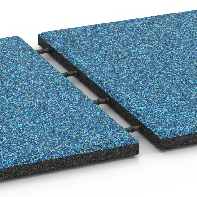 Großaufnahme vom Verbindungssystem von WARCO-Boden 6420 - Płyta amortyzująca – 90 cm im Farbdesign Atlantyk. Abmessungen 50 x 50 x 3 cm.