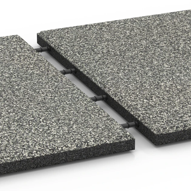 Großaufnahme vom Verbindungssystem von WARCO-Boden 6414 - Płyta amortyzująca – 90 cm im Farbdesign Szary granit. Abmessungen 50 x 50 x 3 cm | 0,25 m².