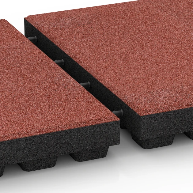Großaufnahme vom Verbindungssystem von WARCO-Boden 6296 - Płyty amortyzujące im Farbdesign Czerwony pomidorowy. Abmessungen 50 x 50 x 7 cm.