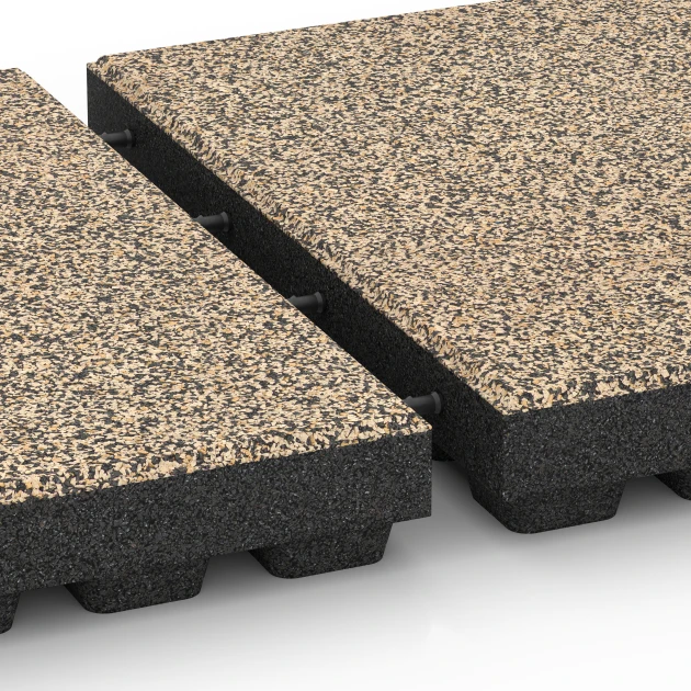 Großaufnahme vom Verbindungssystem von WARCO-Boden 6446 - Płyta amortyzująca – 210 cm im Farbdesign Trawertyn. Abmessungen 50 x 50 x 7 cm.