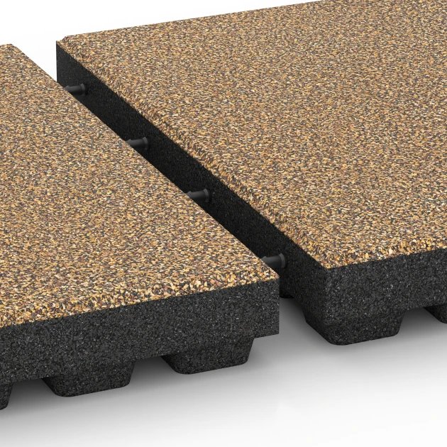 Großaufnahme vom Verbindungssystem von WARCO-Boden 6448 - Płyta amortyzująca – 210 cm im Farbdesign Rattan. Abmessungen 50 x 50 x 7 cm.