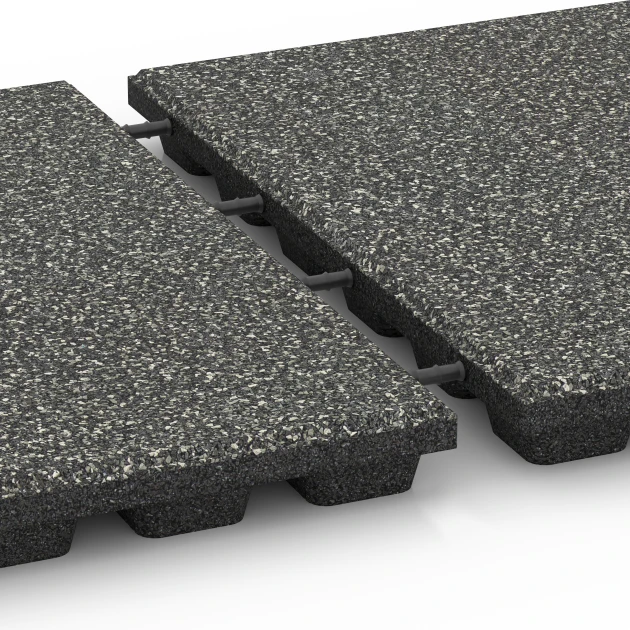 Großaufnahme vom Verbindungssystem von WARCO-Boden 6431 - Płyta amortyzująca – 160 cm im Farbdesign Ciemnoszary granit. Abmessungen 50 x 50 x 4,8 cm.