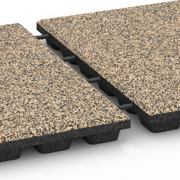 Großaufnahme vom Verbindungssystem von WARCO-Boden 6437 - Płyta amortyzująca – 160 cm im Farbdesign Trawertyn. Abmessungen 50 x 50 x 4,8 cm.
