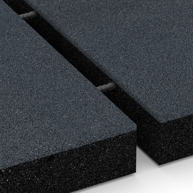 Großaufnahme vom Verbindungssystem von WARCO-Boden 6233 - Płyty amortyzujące im Farbdesign Szary łupkowy. Abmessungen 50 x 50 x 8 cm.