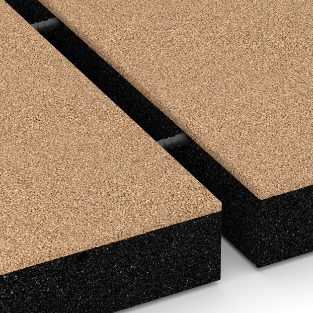 Großaufnahme vom Verbindungssystem von WARCO-Boden 6276 - Płyta amortyzująca – 230 cm im Farbdesign Beż piaskowy. Abmessungen 50 x 50 x 8 cm.