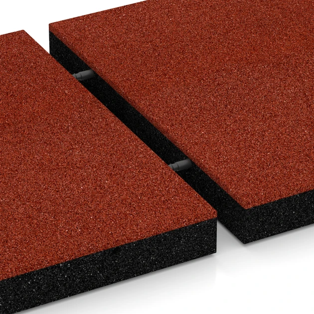 Großaufnahme vom Verbindungssystem von WARCO-Boden 6266 - Płyta amortyzująca – 180 cm im Farbdesign Czerwony ceglasty. Abmessungen 50 x 50 x 6 cm.