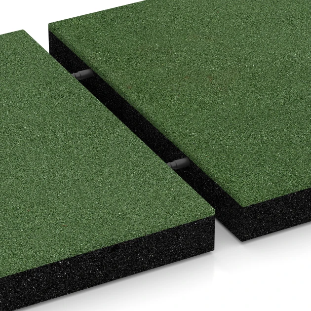 Großaufnahme vom Verbindungssystem von WARCO-Boden 6267 - Płyta amortyzująca – 180 cm im Farbdesign Zielony trawiasty. Abmessungen 50 x 50 x 6 cm.