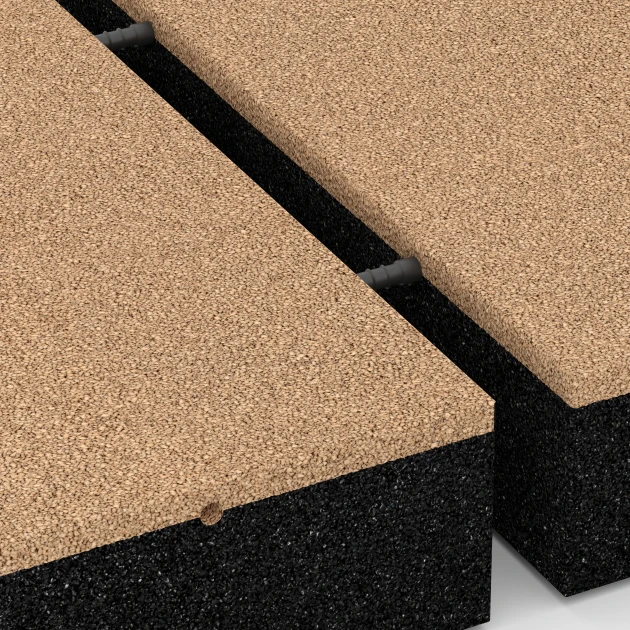 Großaufnahme vom Verbindungssystem von WARCO-Boden 6282 - Płyta amortyzująca – 300 cm im Farbdesign Beż piaskowy. Abmessungen 50 x 50 x 11 cm.