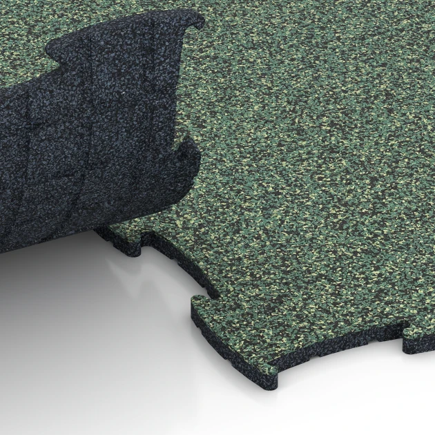 Großaufnahme vom Verbindungssystem von WARCO-Boden 6834 - Fitness Active podłoga im Farbdesign Trawnik angielski. Abmessungen 97,1 x 97,1 × 1,8 cm.