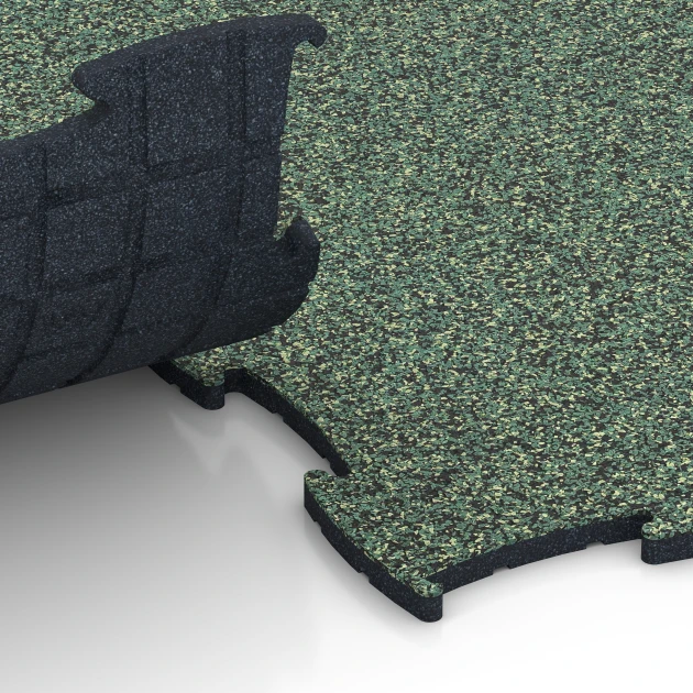 Großaufnahme vom Verbindungssystem von WARCO-Boden 6870 - Fitness Max Floor System im Farbdesign Trawnik angielski. Abmessungen 97,1 x 97,1 × 1,8 cm.