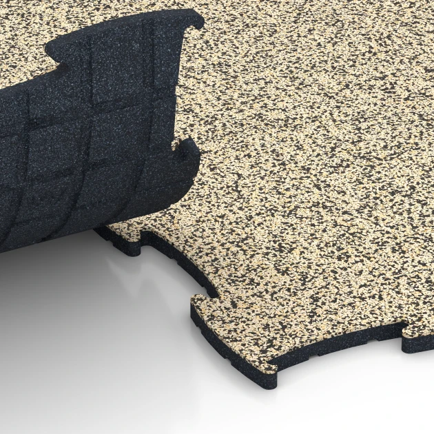 Großaufnahme vom Verbindungssystem von WARCO-Boden 6874 - Fitness Max Floor System im Farbdesign Trawertyn. Abmessungen 97,1 x 97,1 × 1,8 cm.