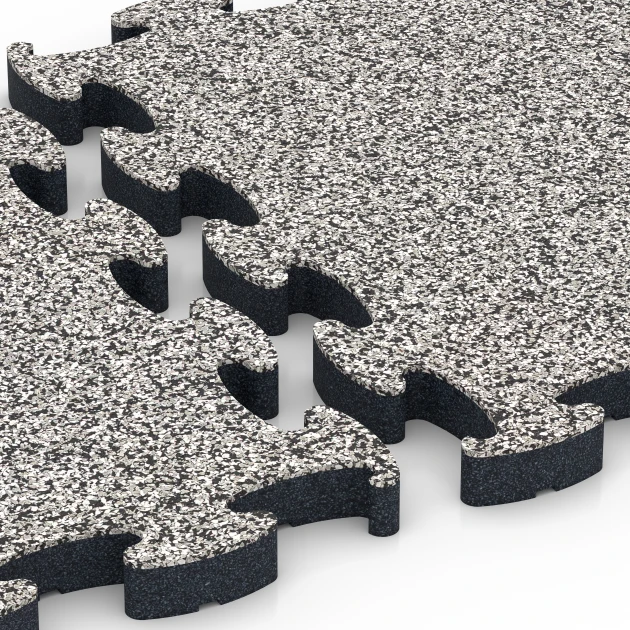 Großaufnahme vom Verbindungssystem von WARCO-Boden 6878 - Fitness Max Floor System im Farbdesign Szary granit. Abmessungen 44,6 x 44,6 × 2,8 cm.
