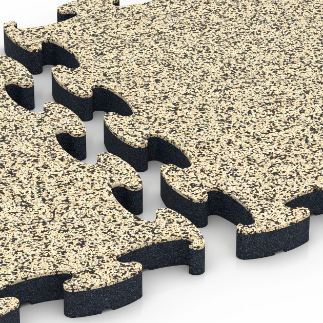 Großaufnahme vom Verbindungssystem von WARCO-Boden 6883 - Fitness Max Floor System im Farbdesign Trawertyn. Abmessungen 44,6 x 44,6 × 2,8 cm.