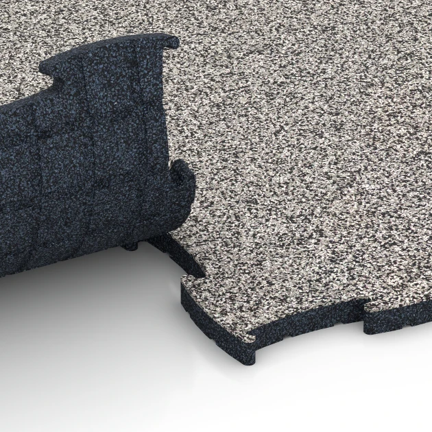 Großaufnahme vom Verbindungssystem von WARCO-Boden 6851 - Fitness Active podłoga im Farbdesign Szary granit. Abmessungen 97,1 x 97,1 x 2,8 cm.