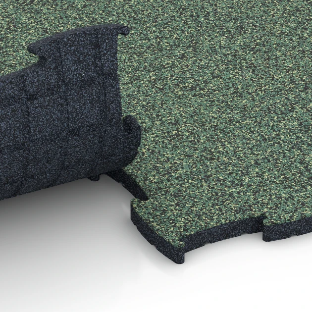 Großaufnahme vom Verbindungssystem von WARCO-Boden 6852 - Fitness Active podłoga im Farbdesign Trawnik angielski. Abmessungen 97,1 x 97,1 x 2,8 cm.