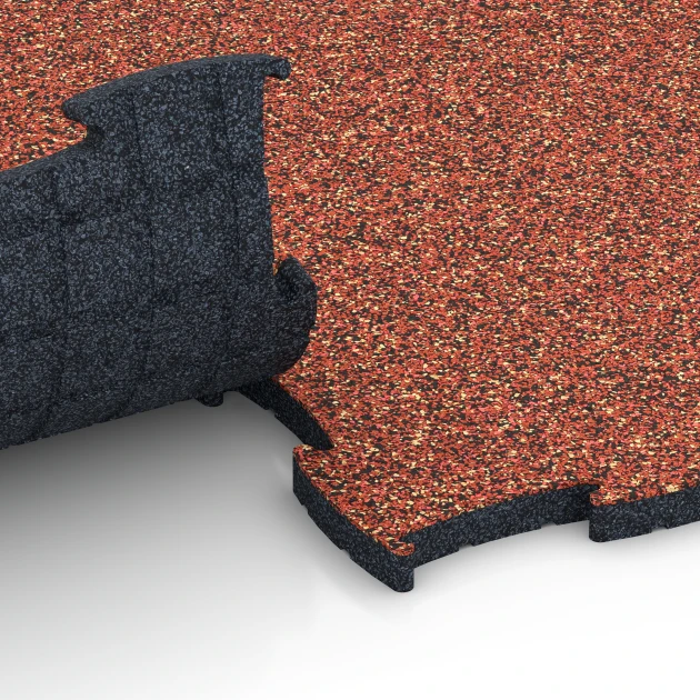 Großaufnahme vom Verbindungssystem von WARCO-Boden 6854 - Fitness Active podłoga im Farbdesign Etna. Abmessungen 97,1 x 97,1 x 2,8 cm.
