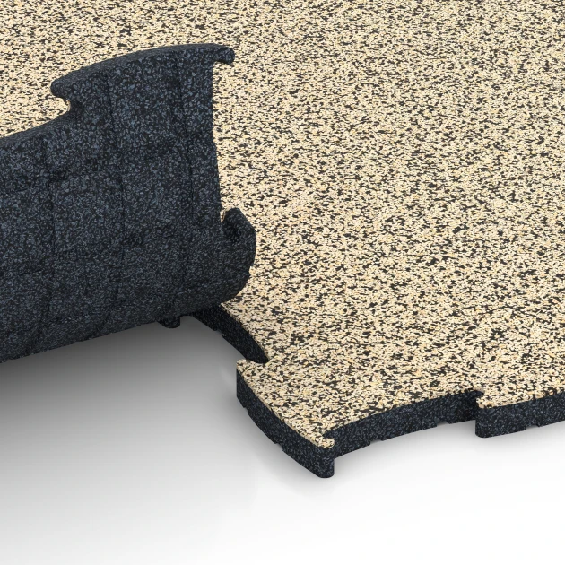 Großaufnahme vom Verbindungssystem von WARCO-Boden 6856 - Fitness Active podłoga im Farbdesign Trawertyn. Abmessungen 97,1 x 97,1 x 2,8 cm.