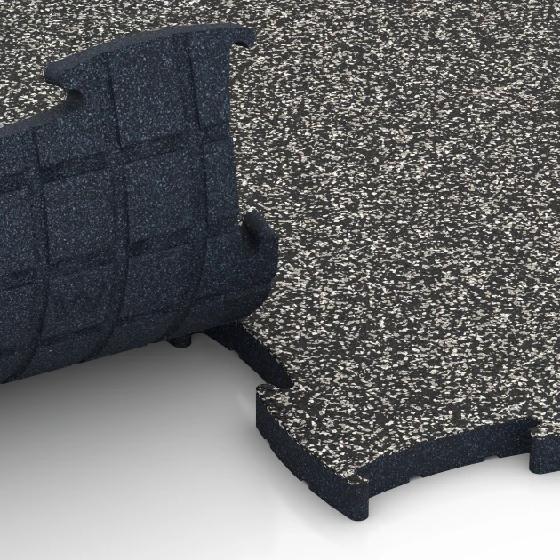 Großaufnahme vom Verbindungssystem von WARCO-Boden 6886 - Fitness Max Floor System im Farbdesign Ciemnoszary granit. Abmessungen 97,1 x 97,1 x 2,8 cm.