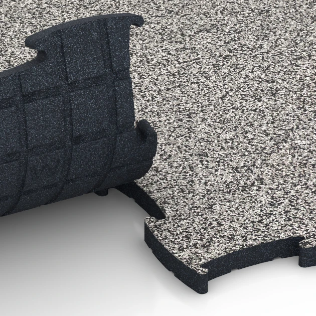 Großaufnahme vom Verbindungssystem von WARCO-Boden 6887 - Fitness Max Floor System im Farbdesign Szary granit. Abmessungen 97,1 x 97,1 x 2,8 cm.