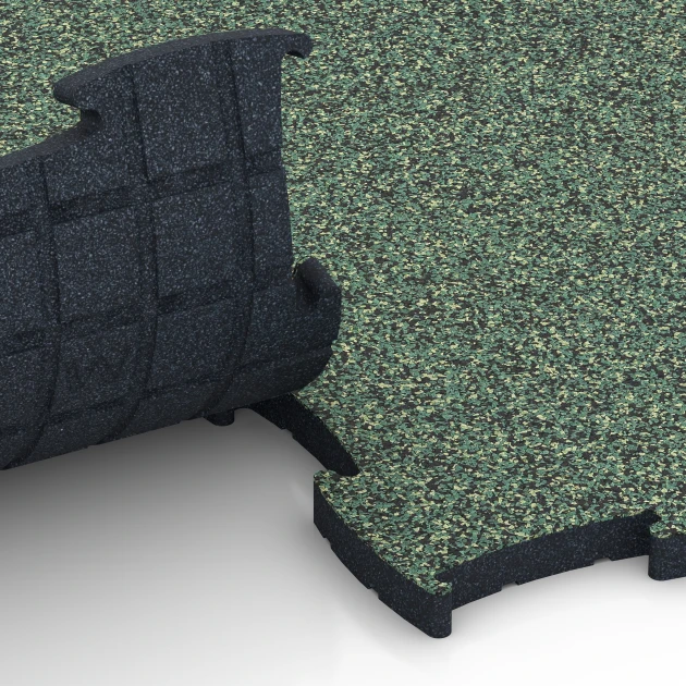 Großaufnahme vom Verbindungssystem von WARCO-Boden 6888 - Fitness Max Floor System im Farbdesign Trawnik angielski. Abmessungen 97,1 x 97,1 x 2,8 cm.