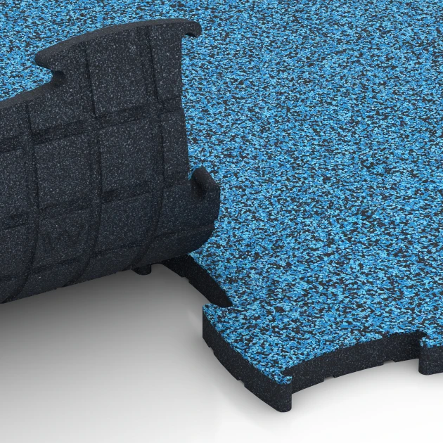 Großaufnahme vom Verbindungssystem von WARCO-Boden 6893 - Fitness Max Floor System im Farbdesign Atlantyk. Abmessungen 97,1 x 97,1 x 2,8 cm.