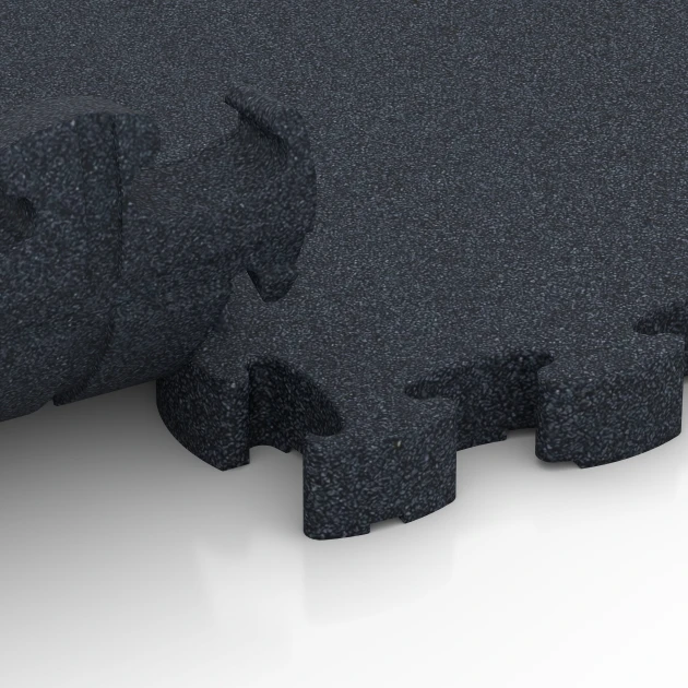 Großaufnahme vom Verbindungssystem von WARCO-Boden 6965 - Fitness Premium podłoga Plus im Farbdesign Antracyt. Abmessungen 28,9 x 28,9 x 2,8 cm.