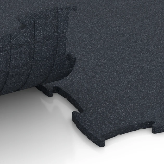 Großaufnahme vom Verbindungssystem von WARCO-Boden 6968 - Fitness Premium podłoga Plus im Farbdesign Antracyt. Abmessungen 99 x 99 x 1,8 cm.