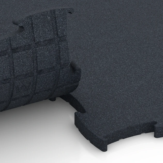 Großaufnahme vom Verbindungssystem von WARCO-Boden 6969 - Fitness Premium podłoga Plus im Farbdesign Antracyt. Abmessungen 99 x 99 x 2,8 cm.