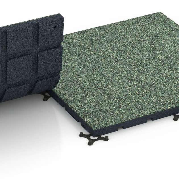Großaufnahme vom Verbindungssystem von WARCO-Boden 7134 - Podłoga na siłownię zewnętrzną im Farbdesign Trawnik angielski. Abmessungen 60 x 60 x 3 cm | 0,36 m².